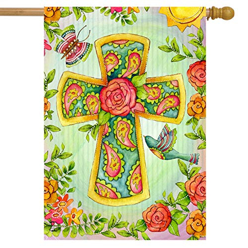 Briarwood Lane Joyful Cross Spring House Flag Religious Floral Birds 28" x 40"