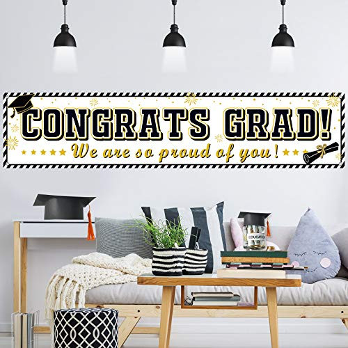 White Graduation Banner 2021 Congrats Grad Banner White Graduation Decorations Fabric Grad Party Backdrop for 2021 Graduation Party Supplies