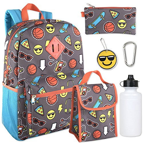 Boy's 6 in 1 Backpack Set Including A Backpack, Lunch Bag, Pencil Case, Water Bottle, Keychain, And Clip (Emoji)