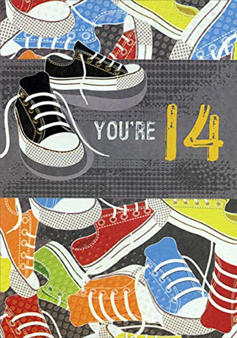 Designer Greetings Black Sneakers with Gold Foil Accents Age 14 - 14th Birthday Card Designer Greetings Black Sneakers with Gold Foil Accents Age 14 - 14th Birthday Card