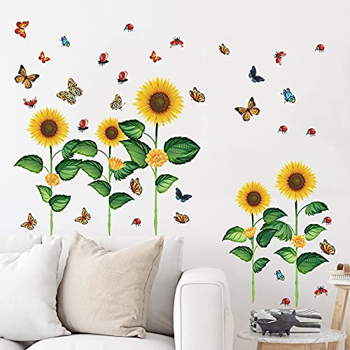 Sunflower Wall Stickers for Bedroom Flowers Yellow Flower with Colorful Butterfly Wall Decals Peel and Stick Removable Wall Art Decor Nursery Daisy Floral Stickers for Kids Baby Living Room Decoration