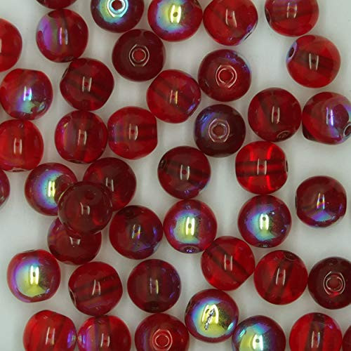 6mm Glass Beads Ruby Red Czech Rainbow Iris Round Druks