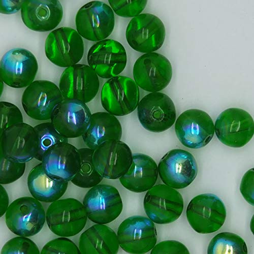 8mm Glass Beads Green Czech Rainbow Iris Round Druks
