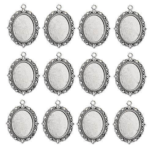 12 Pcs Bezel Pendant Trays18x25mm Oval Blank Bezel Pendant Trays Base Cabochon Settings Trays Blanks Frame for Photo Pendant Crafting DIY Jewelry Making -Antique Silver-