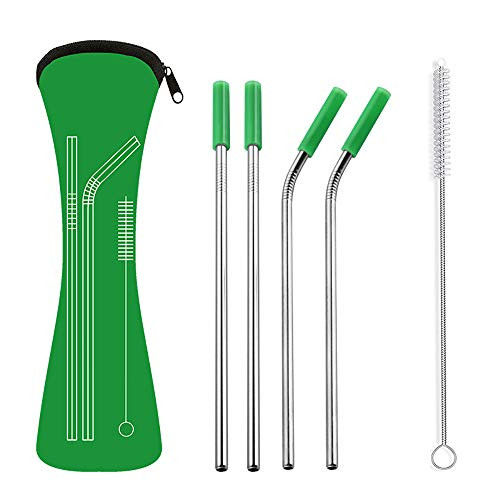 YTT 4-Pack Silver Stainless Steel Straws Reusable Ultra Long 8.5 Inch with Travel Case Cleaning Brush Silicone Tips Eco Friendly Extra Long Metal Straws Drinking -Green-