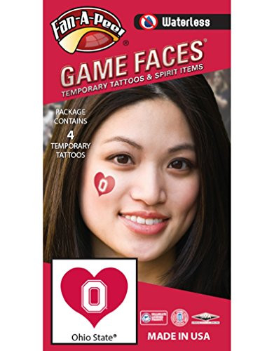 Ohio State University -OSU- Buckeyes  Waterless Peel  and  Stick Temporary Spirit Tattoos  4-Piece  White O Logo on Scarlet Heart