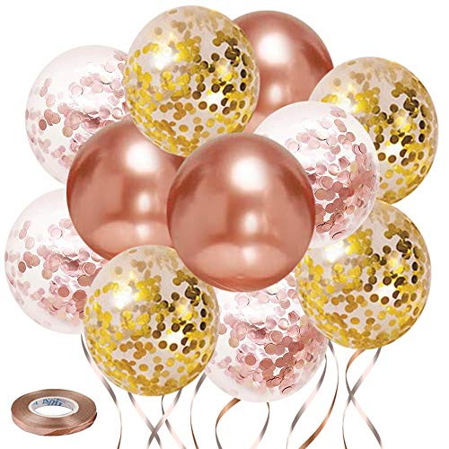 Rose Gold Confetti Latex Balloons - 50pcs 12 inch Rose Metallic and Rose Confetti Balloons - Gold Confetti Party Balloons for Birthday Wedding Baby Shower Celebration Graduation Party Balloons