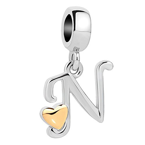 DemiJewelry Alphabet Letter N Charms Beads Dangle Golden Heart Charm for Snake Bracelets