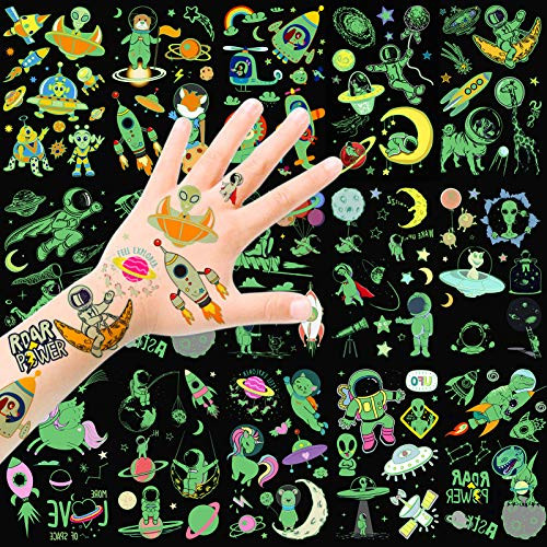 HOWAF Temporary Tattoo for Kids 14 sheets Outer Space Themed Glow in the Dark Tattoos Luminous Tattoo Sticker Fake Waterproof Tattoos for Girls Boys Party Favors Kids Birthday Party Bag Filler