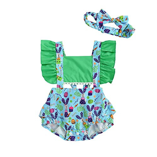 Newborn Easter Outfit Baby Girl Ruffle Bunny Sleeveless Romper Bodysuit Jumpsuit Infant Girls Easter Clothes -Green 12-18 Months-