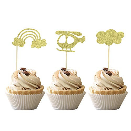 24 PCS Rainbow Cupcake Toppers with Airplane Cloud Gold Glitter Cupcake Picks for Fly Theme Baby Shower Kids Birthday Party Cake Decorations Supplies