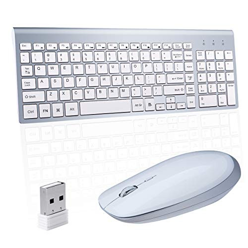 Wireless Keyboard Mouse, Sanhoton 2.4G Ultra Thin Portable Whisper-Quiet Wireless Keyboard and Mouse Combo Compatible with Windows, Mac, Android Tablet (Silver+White)