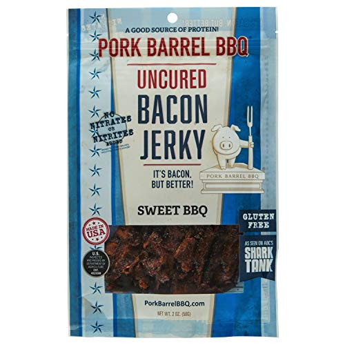 Pork Barrel BBQ Uncured Bacon Jerky Jerky Tasty Flavor with a Perfect Smokin Kick OZ Snack Pack As Seen on Shark Tank Nitrate and Nitrite Free Gluten Free Sweet BBQ 2 Ounce