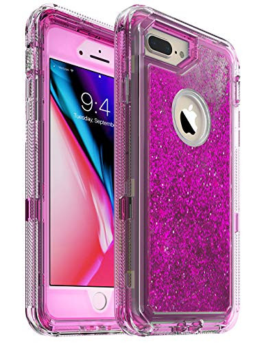 iPhone 7 Plus Case Glitter 3D Bling Sparkle Flowing Liquid Case Transparent 3 in 1 Shockproof TPU Silicone Core  plus PC Frame Case Cover for iPhone 7 Plus-iPhone 8 Plus- -Hot Pink-
