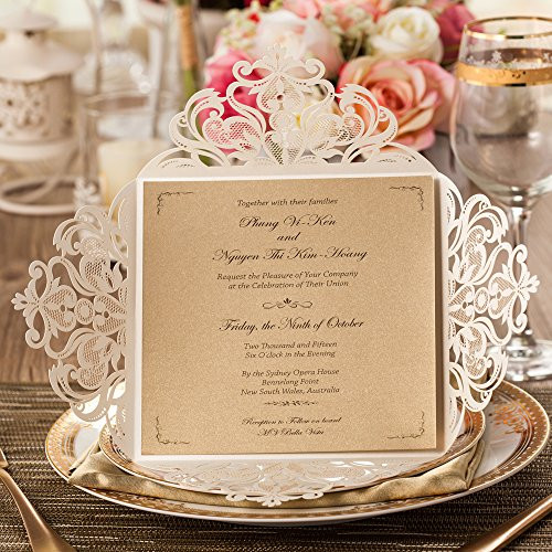 WISHMADE Square Laser Cut Wedding Invitations Cards 20 Count Ivory Lace Flower Pattern Invites Card for Qinceanera Engagement Birthday Bridal Shower Baby Shower Graduation Party (Set of 20pcs)