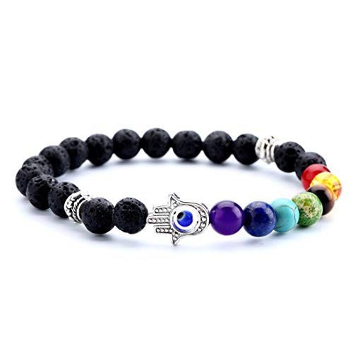 GelConnie Lava Rock Chakra Bracelets Evil Eye 7 Chakra 8mm Bead Elastic Volcanic Healing Anxiety Bangle Stress Relief Yoga Bracelet Aromatherapy Essential Oil Diffuser Bracelet for Men Women