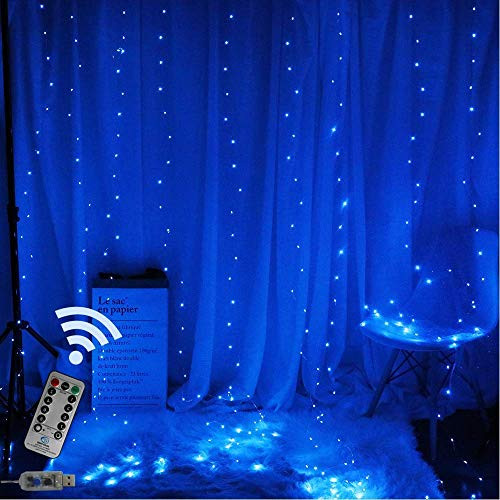 Moonsofter Window Curtain Lights 300 LED USB Powered Fairy String Lights with Remote, 8 Settings Twinkle Lights for Bedroom Parties,Weddings,Wall Decorations (9.8x9.8Ft Blue)