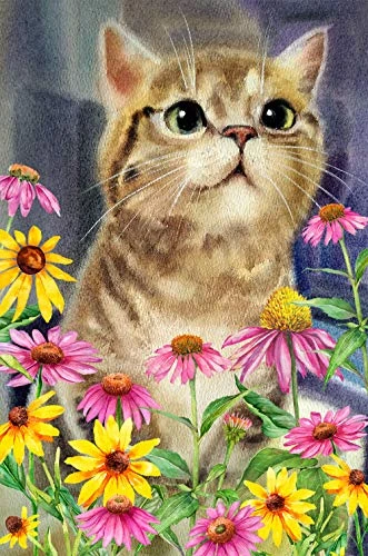 Texupday Cute Cat Kitty Daisy Floral Decoration Spring Flower Garden Flag Outdoor Yard Flag 12" x 18"
