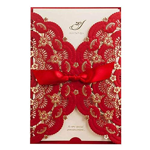 WISHMADE Elegant Red Laser Cut Wedding Invitations Cards with Lace Flower Ribbon Hollow Pattern Cardstock for Baby Shower Bridal Shower Engagement Birthday Fancy Party Invites Favors CW5113 (20 Piece)