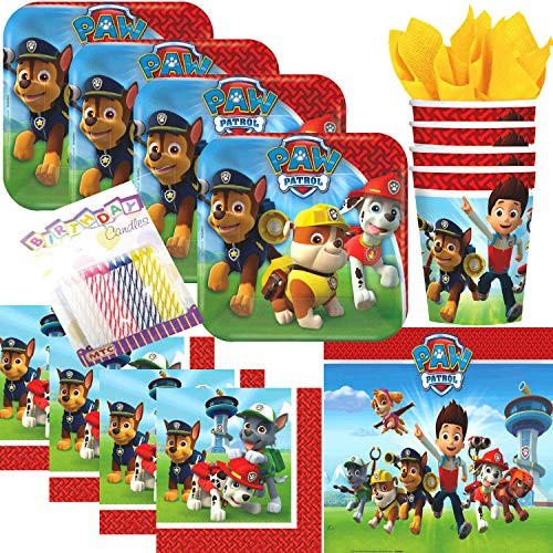 Paw Patrol Dessert Plates Napkins Cups and Table Cover Serves 16 with Birthday Candles (Bundle for 16)