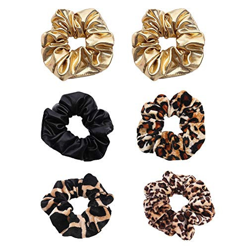 Yantu 6 Pcs Hair Scrunchies Velvet Leopard Print Elastic Hair Ties Ponytail Holder PU Cloth Hair Ties Ropes for Girls Women Hair Accessories