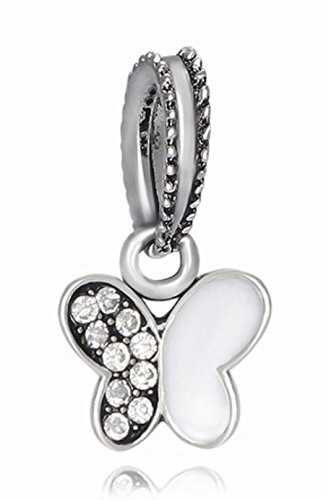 J and M Dangle White Butterfly with Crystals Charm Bead for Charms Bracelets