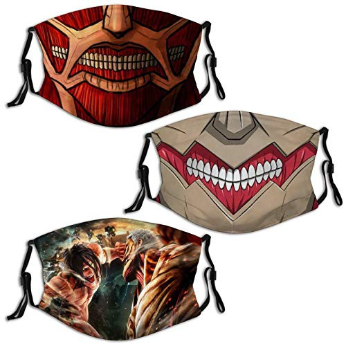 Attack on Titan Unisex Child Face Mask 3 Piece Set with 6 Filter Washable Dust Proof Face Cover Reusable