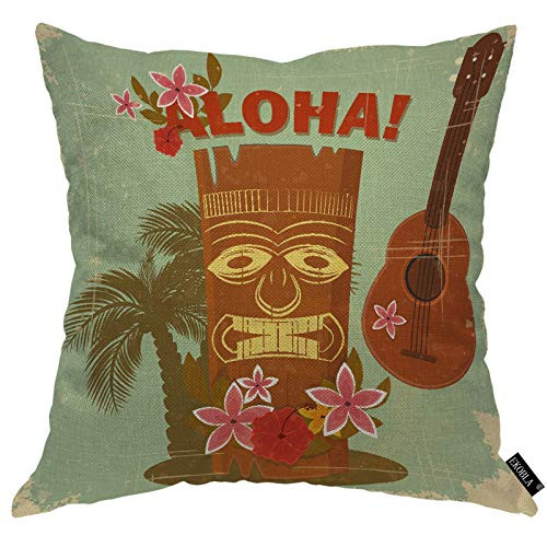 EKOBLA Hawaii Throw Pillow Cover Aloha Summer Tropical Guitar Flowers Palm Tree Music Beach Party Cozy Square Cushion Case for Men Women Boys Girls Room Home Decor Cotton Linen 18x18 Inch