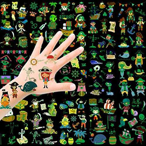 HOWAF Temporary Pirate Tattoos for Kids 140 plusWaterproof Glow in The Dark Childrens Temporary Tattoos Luminous Pirate Sticker for Pirate Birthday Party Favors Supplies Kids Boys Girls Party Bag Filler