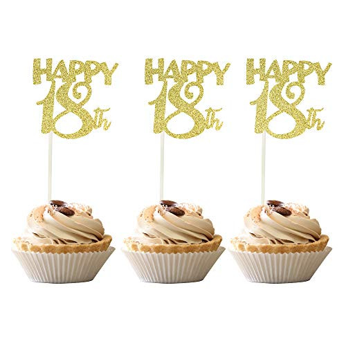 36 PCS Happy 18th Cupcake Toppers Gold Glitter Number 18 Eighteen Years Old Birthday Cupcake Picks Decoration for 18th Birthday Celebrating Anniversary Party Supplies