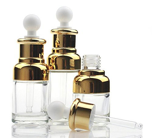 erioctry 1PCS 30ML Empty Refillable Upscale Clear Glass Bottle Essential Oil Elite Fluid Cosmetics Jar Pot Container Vial with Glass Pipette Eye Dropper -Gold-