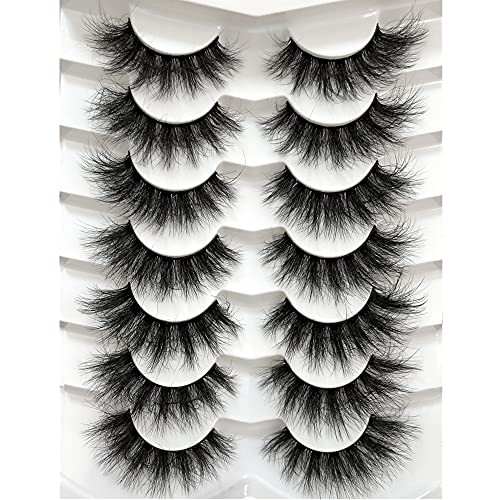 Pooplunch False Eyelashes Faux Mink Lashes Pack 7 Pairs Fluffy 8D Dramatic Fake Eyelashes Wispy Cat Eye Style Luxury Volume Mink Eye Lashes Multipack