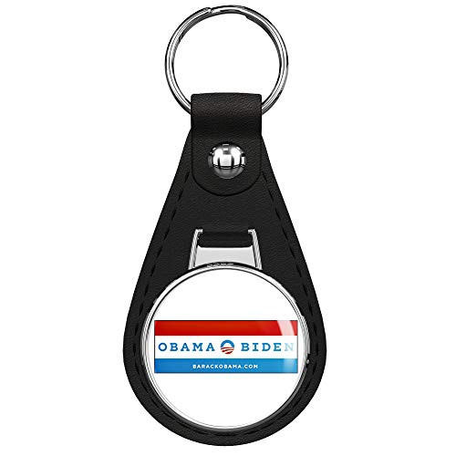 Obama - O Logo - Biden -Political Logo Barack Joe- Black Leather Keychain Silver Keyring