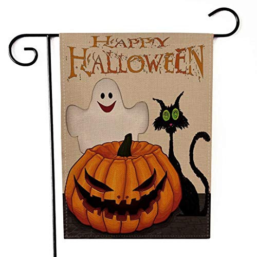 Angeloken Season Garden Flags Happy Halloween Spooky Ghost Pumpkin Jack O'Lantern Cat Vertical Double Sided Burlap House Yard Flags Holiday Outdoor Decor Garden Banner 12.5 x 18 Inch