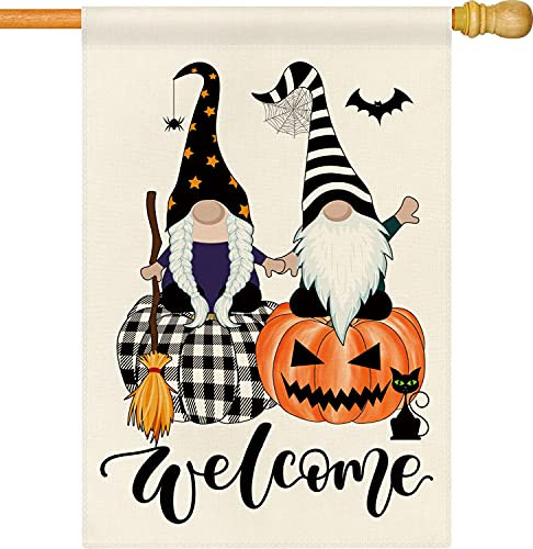 DSWEESUN Halloween Gnome Pumpkin Garden Flag Buffalo Plaid Pumpkin Bat Cat Jack O Lanterns Garden Gnome Flag Double Sided 12.5 x 18 Inch Halloween Porch Yard Outdoor Decoration