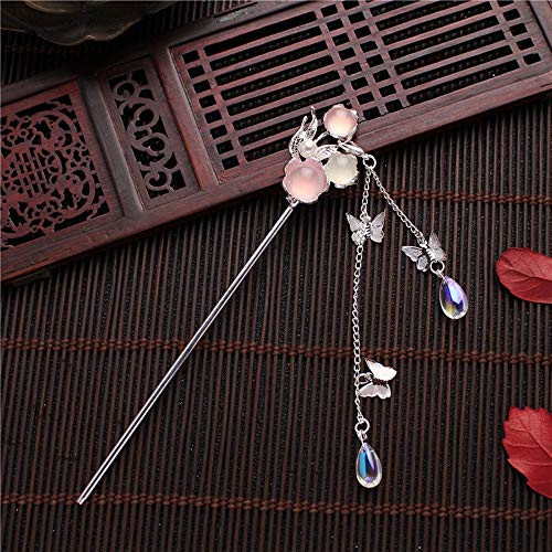 Ancient Style Crystal Butterfly Hair Sticks Flower Pendant Pearl Tassel Hair Fork Women Bridal Wedding Party Hair Jewelry Tassel Hairpin-B-
