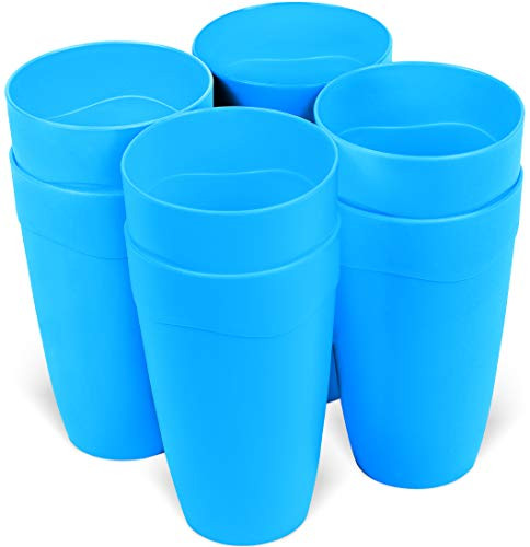 PLASKIDY Kids Cups - Set of 8 Reusable Plastic Drinking Cups for Kids - 15 Oz Kids Plastic Cups Unbreakable Childrens Cups BPA Free Dishwasher Safe Kid Tumblers -Blue-