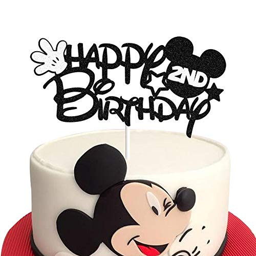 Happy 2nd Birthday Black Glitter Mickey Mouse Cake Topper 2 Two Years Old Party Decorations Supplies for Baby Boys Girls