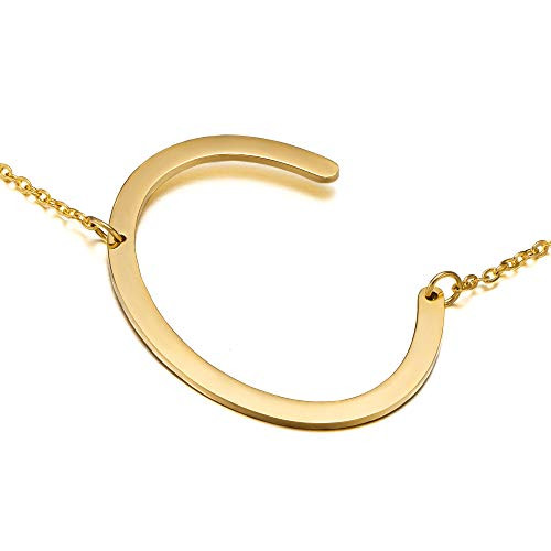 IEFWELL Sideways C Initial Necklace for Women - Large 14K Gold Plated Stainless Steel Initial C Necklace for Women Big Alphabet Initial Letter Necklace for Women Girls Jewelry