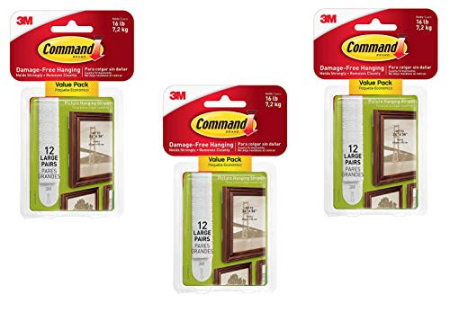 Command 17206-12ES CMD LG PICT Hang Strip, White, Picture, 3 Pack, 36 Pairs Total