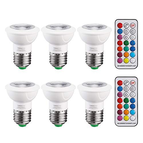 TORCHSTAR 3W Dimmable Multi-Color Spotlight Bulb, E26 LED Bulbs, RGB + 2700K Soft White Mood Light Bulbs with 2 Remote Control, Timing and Memory, for Decorative, Accent Lighting, Pack of 6
