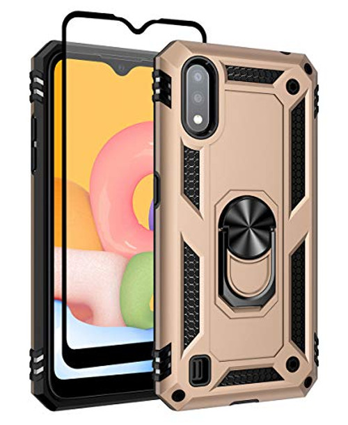 SunRemex Galaxy A01 Case with Tempered Glass Screen Protector. A01 Case Kickstand - Military Grade - 15ft. Drop Tested Protective Case Cover for Samsung Galaxy A01 Phone -Golden-