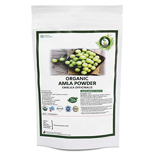 R V Essential Organic Amla Powder 100gm- 3.53oz- 0.22lb- Emblica Officinalis Amla Fruit Powder For Hair USDA Organic Certified Ayurvedic Herbal Supplement in Resealable and Reusable Zip Lock Pouch