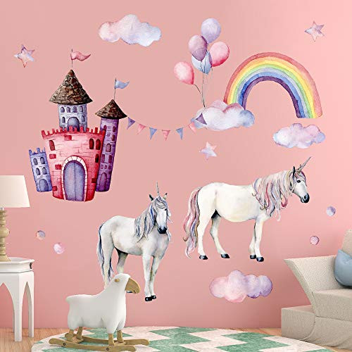 Unicorn Wall Decals Rainbow Castle Unicorn Wall Stickers DIY Removable Clouds and Bunting Wall Art Decor for Kids Boys Girls Bedroom Nursery Bedroom Party Home Decoration -C99-