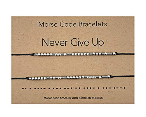 RONLLNA Best Friend Morse Code Bracelet 2Pcs Set Stainless Steel Beads on Silk Cord Friendship BFF Bracelet Gift for Her Women Girl -Never Give Up Bracelets-