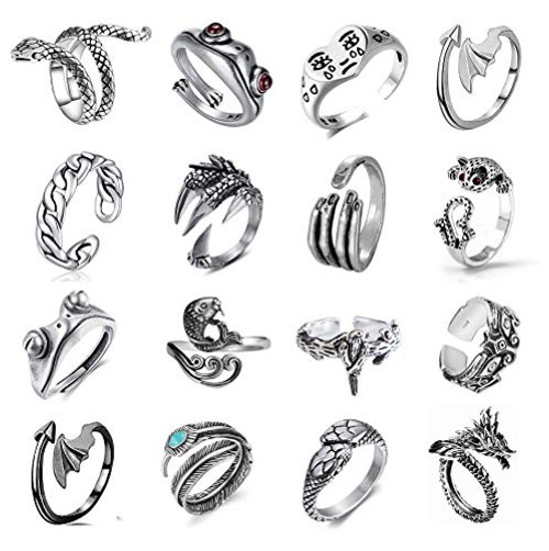 16 Pcs Vintage Open Frog Rings Set Knuckle Stacking Ring Snake Ring Boho Bird Animals Dragons Finger Rings for Women Men Girls