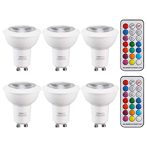 TORCHSTAR 3W Dimmable Multi-Color Spotlight Bulb, GU10 LED Bulbs, RGB + 2700K Soft White Mood Light Bulbs with 2 Remote Controls, Timing and Memory, for Decorative, Accent Lighting, Pack of 6