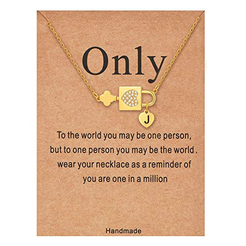 Initial Necklace Letters J Name Alphabet Heart Lock Pendant Necklace for Women 14K Real Gold Plated