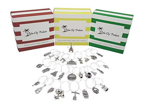 Around the World Wine Charm Set with Food, Wine, and Travel Themed Sets - 28 Piece Bundled Set
