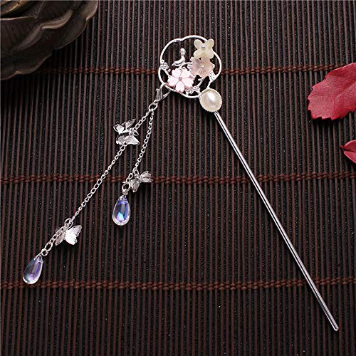 BEMEI Chinese Style Retro Tassel Hairpin Crystal Classic Butterfly Tassel Hair Accessories Pearl Hair Sticks Plate Hair Fork for Wedding Hanfu Cheongsam-B-
